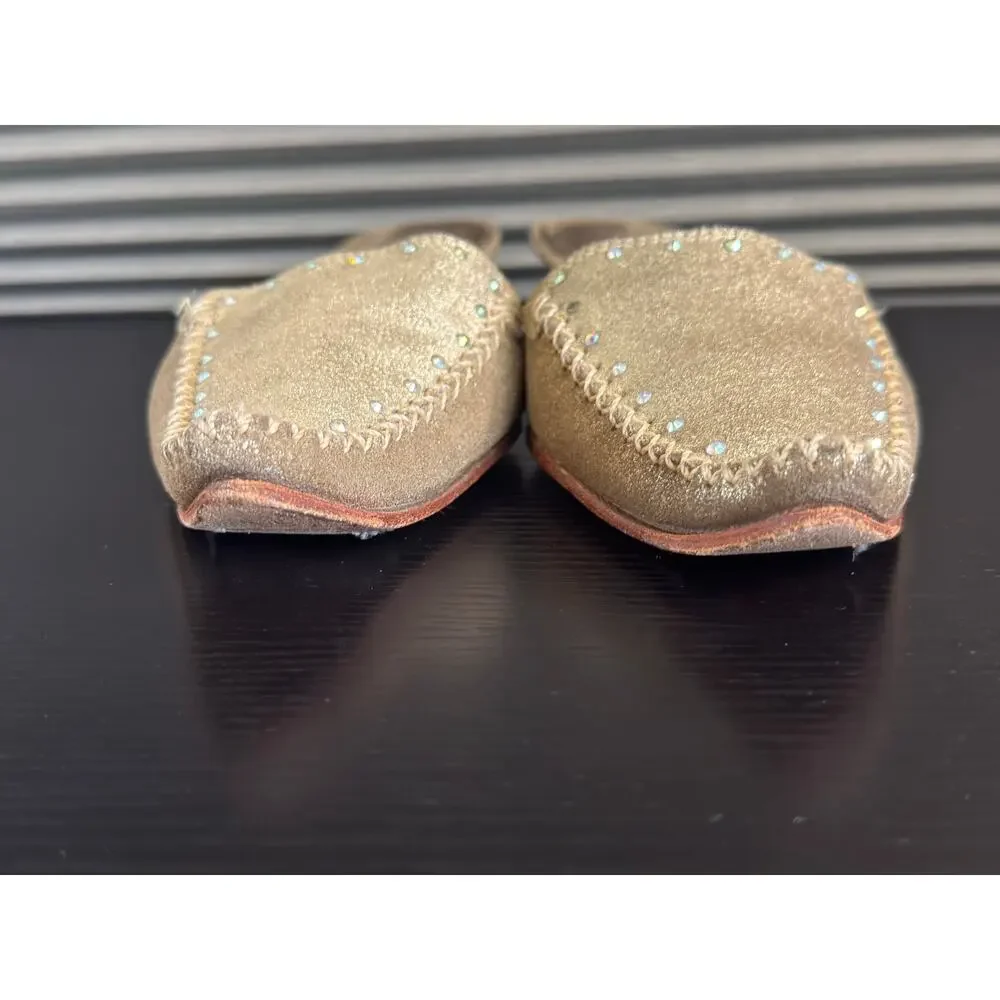 Oliver Addie Khaki Metallic Gold Leather Kitten Heel Mules Size 8 Pointed Toe
